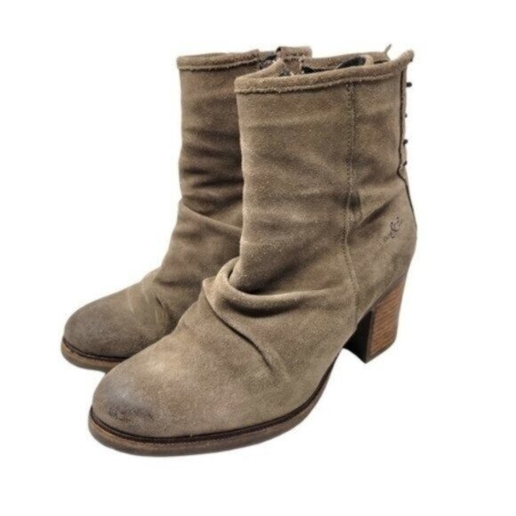 Bos & Co Barlow Back Lace Leather Suede Distressed Ankle Heeled boots Taupe Tan - Picture 1 of 16